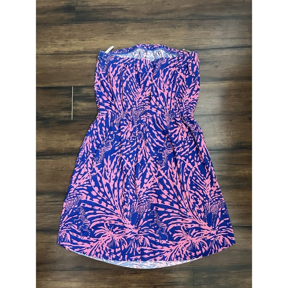 Lilly Pulitzer Windsor Strapless Mini Dress Pink Blue Zebra Pima Cotton Sz L - Picture 2 of 5